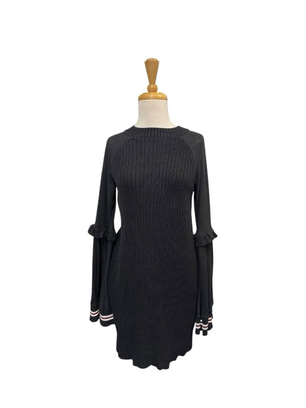 Free People Zou Bisou Knit Mini Dress Bell Sleeves Size S Small Black